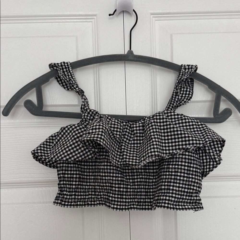 Zara Black and White Checkered Ruffle Top